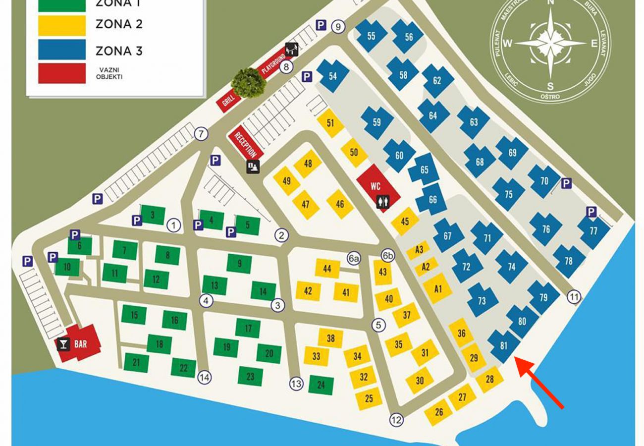 On the map you can see the resort. This villa is located on the sea in the third (blue) zone, by the red arrow.